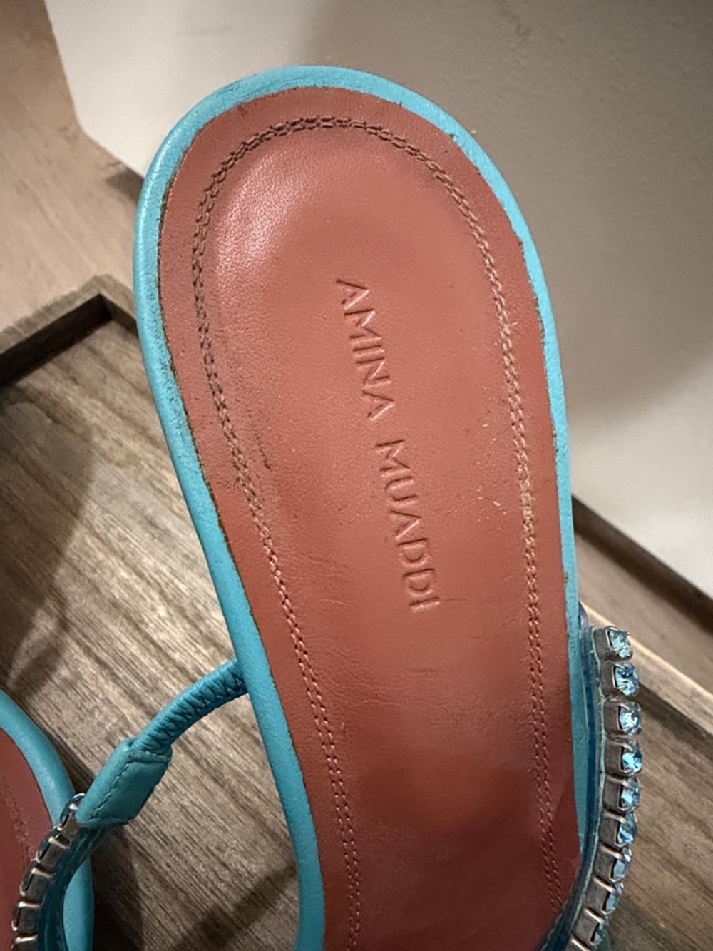 Amina Muaddi Turquoise Crystal-Trim Heeled Sandals - Picture 4 of 6